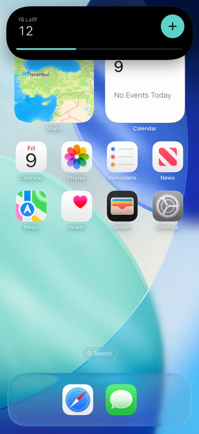 Dynamic Island on the Home Screen: Ya Latif, a count of 12 and a plus button