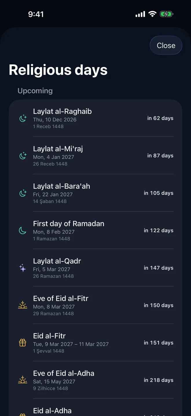 Virdim religious days screen: Laylat al-Raghaib, al-Mi'raj and al-Bara'ah, Ramadan and Eid with dates, Hijri dates and days left