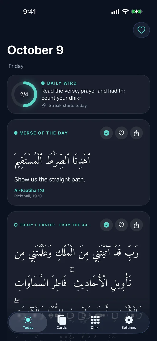 Virdim Today screen: daily wird, verse of the day and prayer of the day