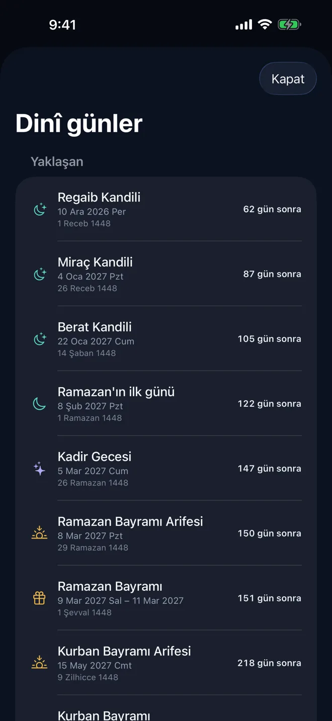 Virdim dinî günler ekranı: Regaib, Miraç ve Berat kandilleri, Ramazan ve bayramlar; tarih, hicrî tarih ve kalan gün